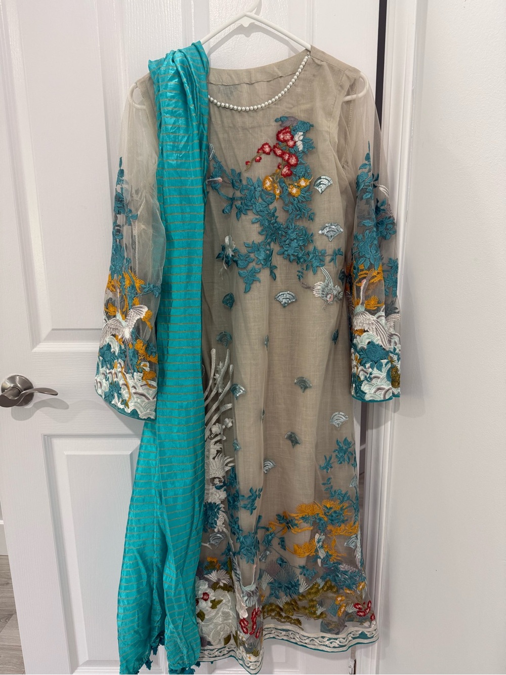 Embroidered Beige and Turquoise Pakistani suit